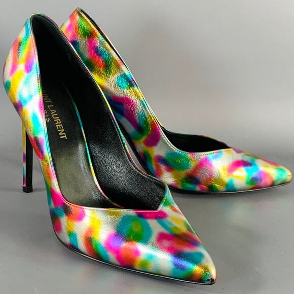 SAINT LAURENT Size 7.5 Metallic Silver Multi Color Leather Stiletto Pumps - Picture 1 of 11